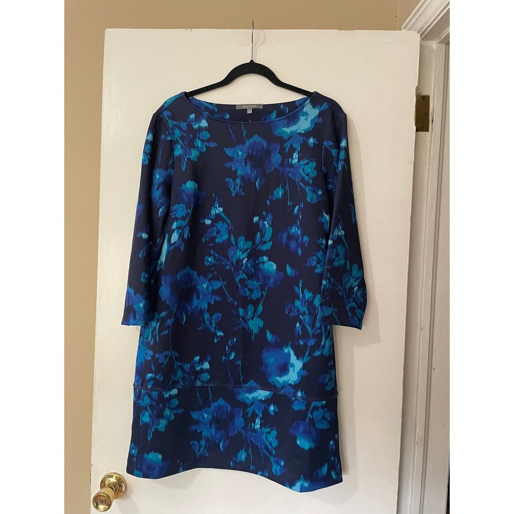 Daisy Fuentes Women's Floral Print Boat Neck 3/4 Sleeve  Dress Sz L Blue Green‎
